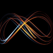 Frayed infinity loop with multiple colors, including red, orange, and blue.