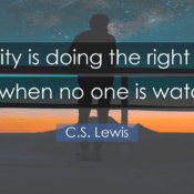 A silhouetted person stands on a deck or balcony railing at sunset, looking out at the sky. A starry night sky is above them, and a bright orange and yellow horizon is in front of them. In the foreground, a deck railing is visible. The image is overlaid with a blue rectangle containing a quote in white text that reads, "Integrity is doing the right thing, even when no one is watching." Below the quote, a smaller blue rectangle contains the attribution "C.S. Lewis."