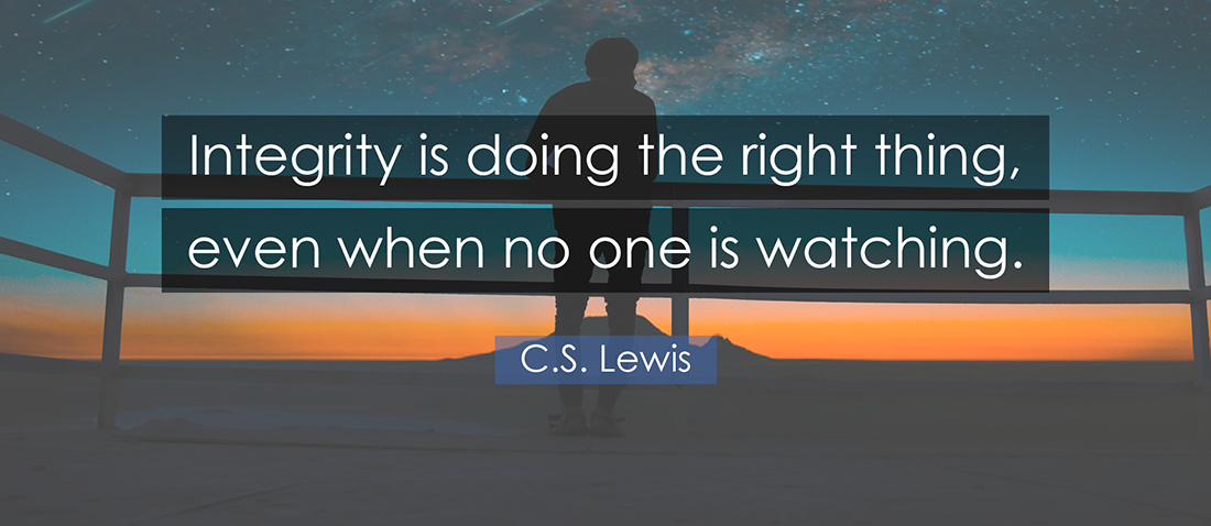 A silhouetted person stands on a deck or balcony railing at sunset, looking out at the sky. A starry night sky is above them, and a bright orange and yellow horizon is in front of them. In the foreground, a deck railing is visible. The image is overlaid with a blue rectangle containing a quote in white text that reads, "Integrity is doing the right thing, even when no one is watching." Below the quote, a smaller blue rectangle contains the attribution "C.S. Lewis."