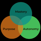 A Venn diagram with three overlapping circles. The top circle is teal and labeled "Mastery." The bottom left circle is orange and labeled "Purpose." The bottom right circle is green and labeled "Autonomy." The circles overlap in the center.