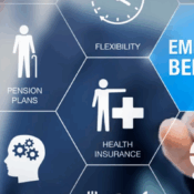 The image displays a digital infographic illustrating various employee benefits. A person's finger is touching a central hexagonal tile labeled "Employee Benefits," surrounded by other hexagonal tiles representing benefits such as paid vacation, pension plans, skills development, health insurance, parental leave, flexibility, and perks & bonuses.