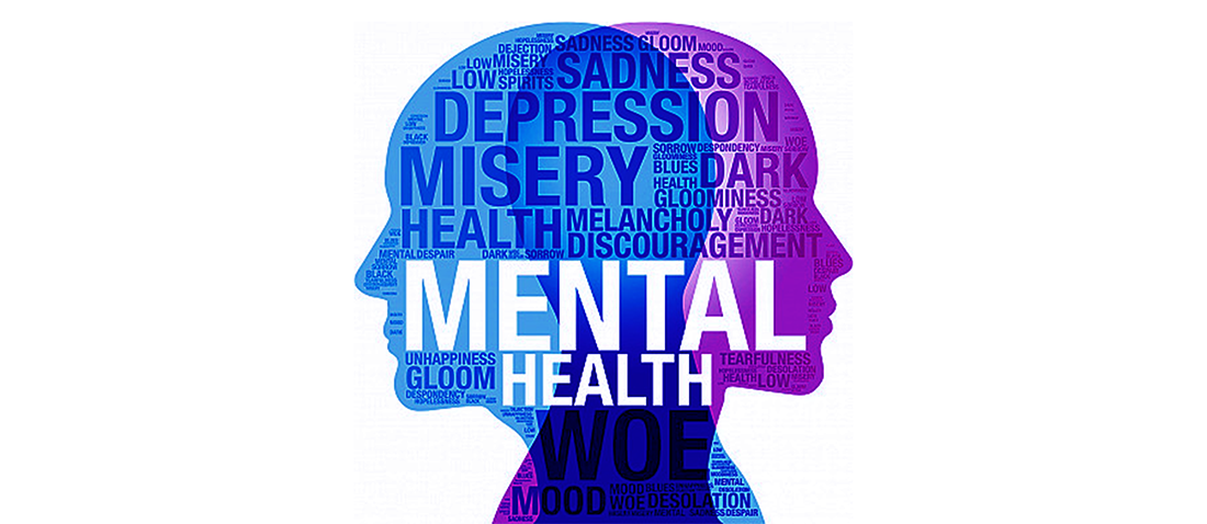 This image is a word cloud shaped like two overlapping profiles of human heads. The words within the profiles convey a strong sense of mental health challenges. Prominent words include "MENTAL HEALTH" in large, central lettering, surrounded by terms such as "DEPRESSION," "SADNESS," "MISERY," "DARK," "GLOOM," "DESPAIR," and "WOE." The overlapping profiles and the text suggest the complex and often internal struggles associated with mental well-being.
