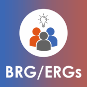 Logo for BRG/ERGs featuring a lightbulb above three stylized diverse figures within a white circle on a blue and orange gradient background.