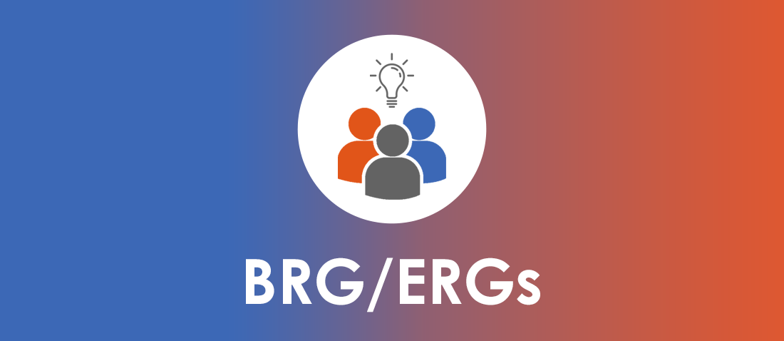 Logo for BRG/ERGs featuring a lightbulb above three stylized diverse figures within a white circle on a blue and orange gradient background.