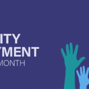 The image shows a graphic stating "October is DISABILITY EMPLOYMENT AWARENESS MONTH," with a diverse group of colored hands raised from the bottom of the image against a dark purple background.