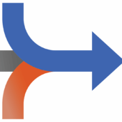This graphic shows two curving paths, blue and orange, merging at a central grey intersection.